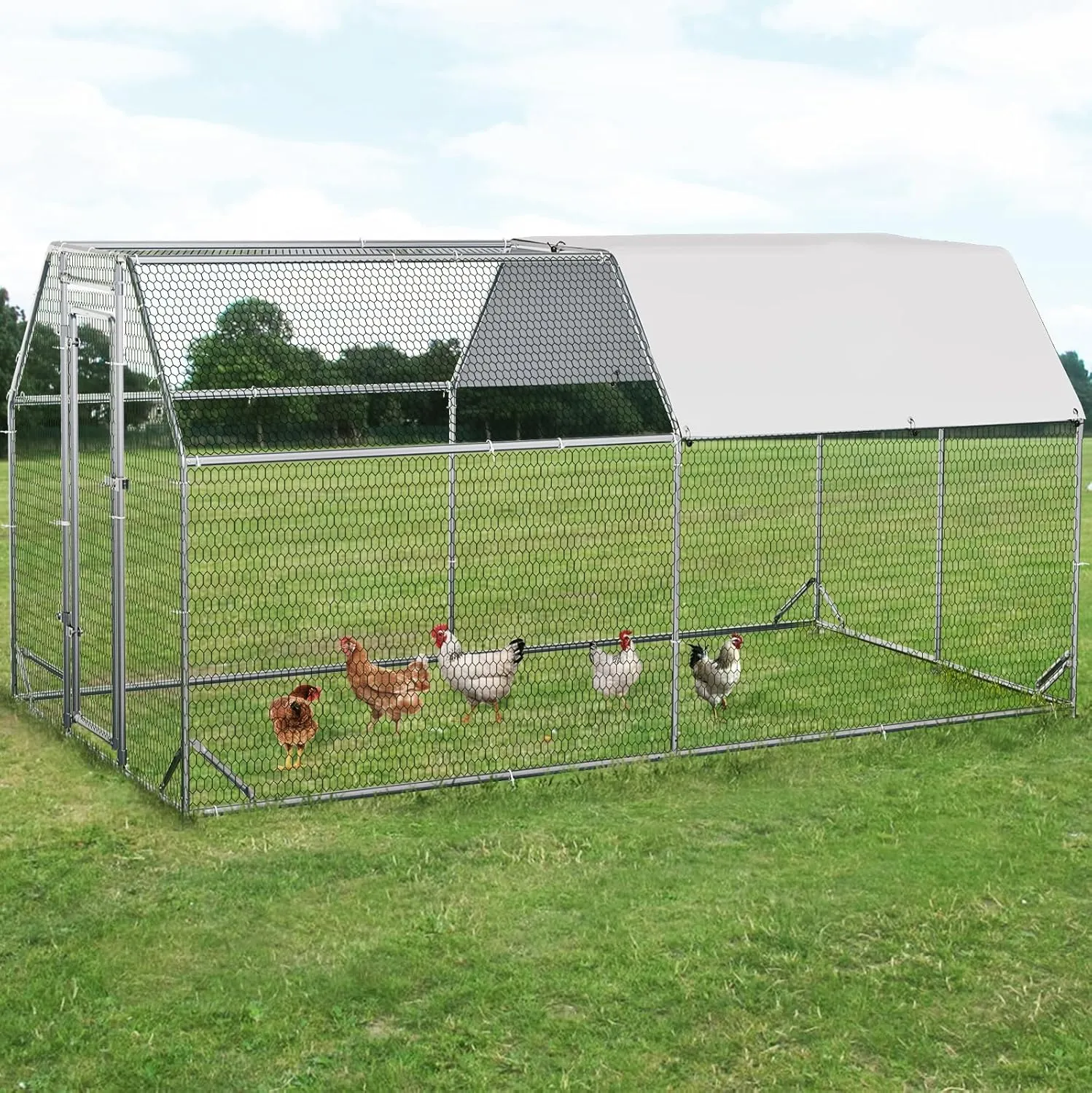 LEMBERI Metal Chicken Coop,Flat-roof Large Walk in Chicken Run Pen with Diagonal Brace, Dog Kennel Duck Poultry Cage with Waterproof Cover for Outdoor,Backyard,Farm,2 Room