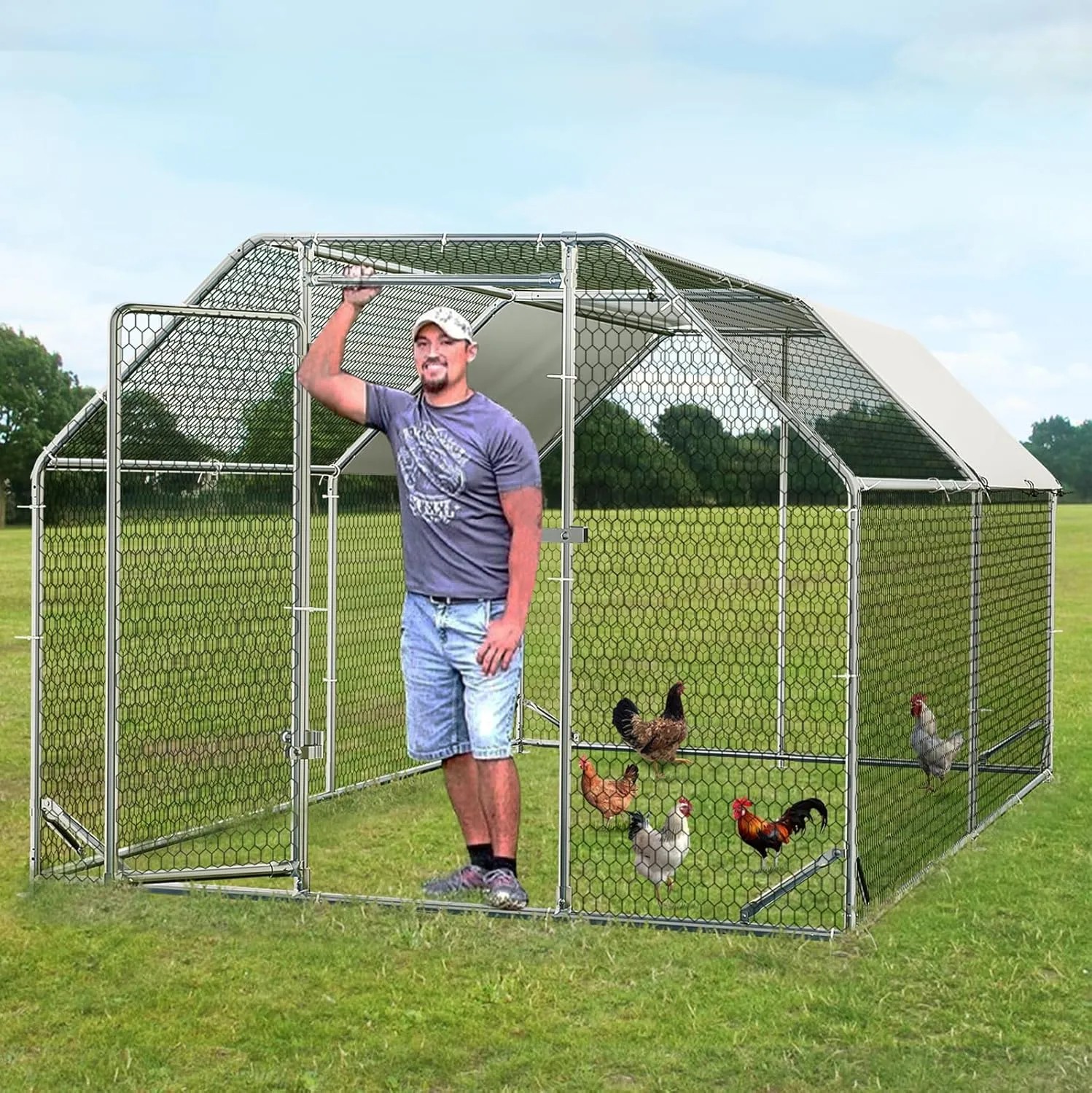 LEMBERI Metal Chicken Coop,Flat-roof Large Walk in Chicken Run Pen with Diagonal Brace, Dog Kennel Duck Poultry Cage with Waterproof Cover for Outdoor,Backyard,Farm,2 Room