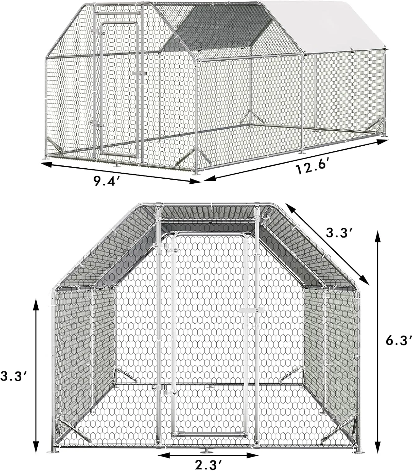 LEMBERI Metal Chicken Coop,Flat-roof Large Walk in Chicken Run Pen with Diagonal Brace, Dog Kennel Duck Poultry Cage with Waterproof Cover for Outdoor,Backyard,Farm,2 Room