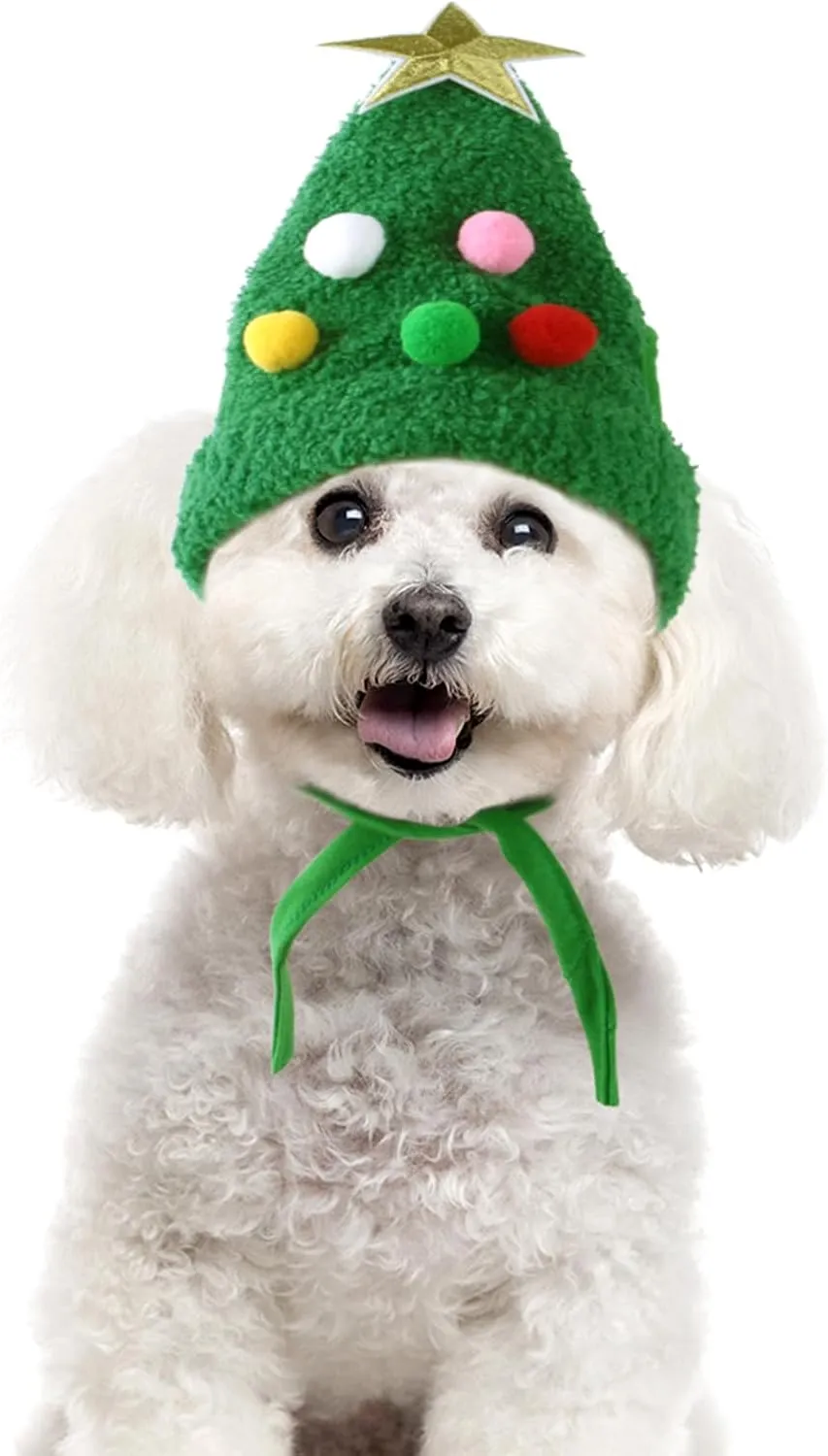 Lionheart glory Christmas Dog Hat Christmas Green Velvet Headdress Hat with Cute Pom-Pom Funny Soft Pet Hat for Dogs Christmas Party Plush Headgear Accessories Costume