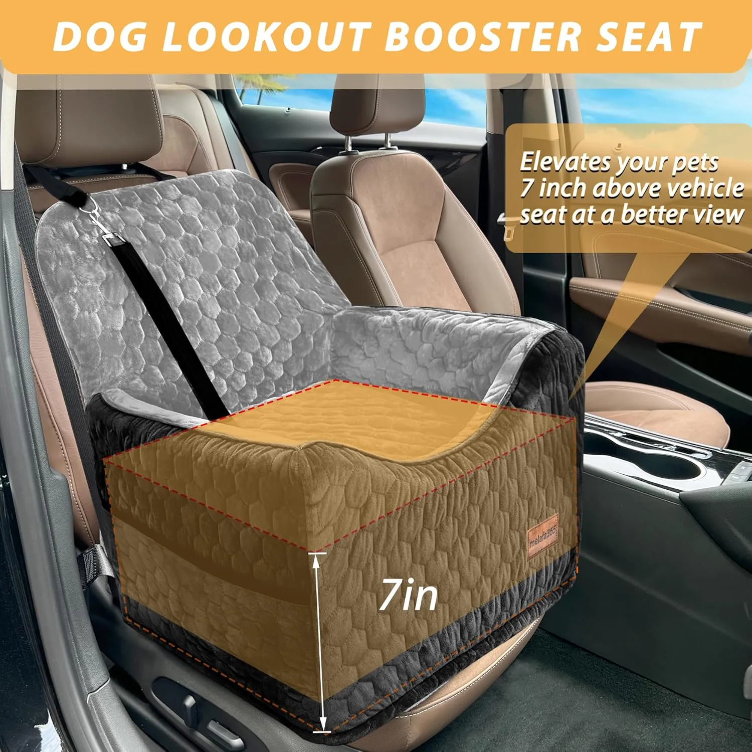 melafa365 Dog Car Seat for Small Medium Dogs, Memory Foam Dog Booster Seat, Elevated Pet Car Seat for Dogs up to 35 lbs, Travel Safety with Storage Pockets (Gray/Black)