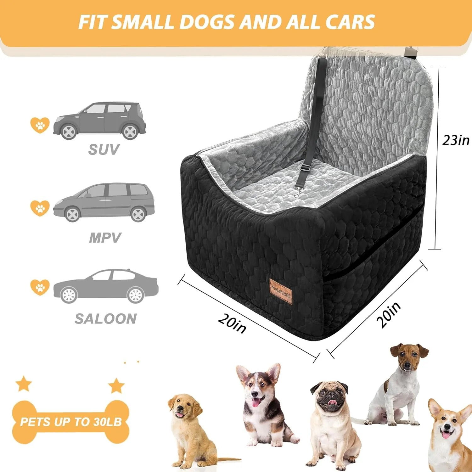 melafa365 Dog Car Seat for Small Medium Dogs, Memory Foam Dog Booster Seat, Elevated Pet Car Seat for Dogs up to 35 lbs, Travel Safety with Storage Pockets (Gray/Black)