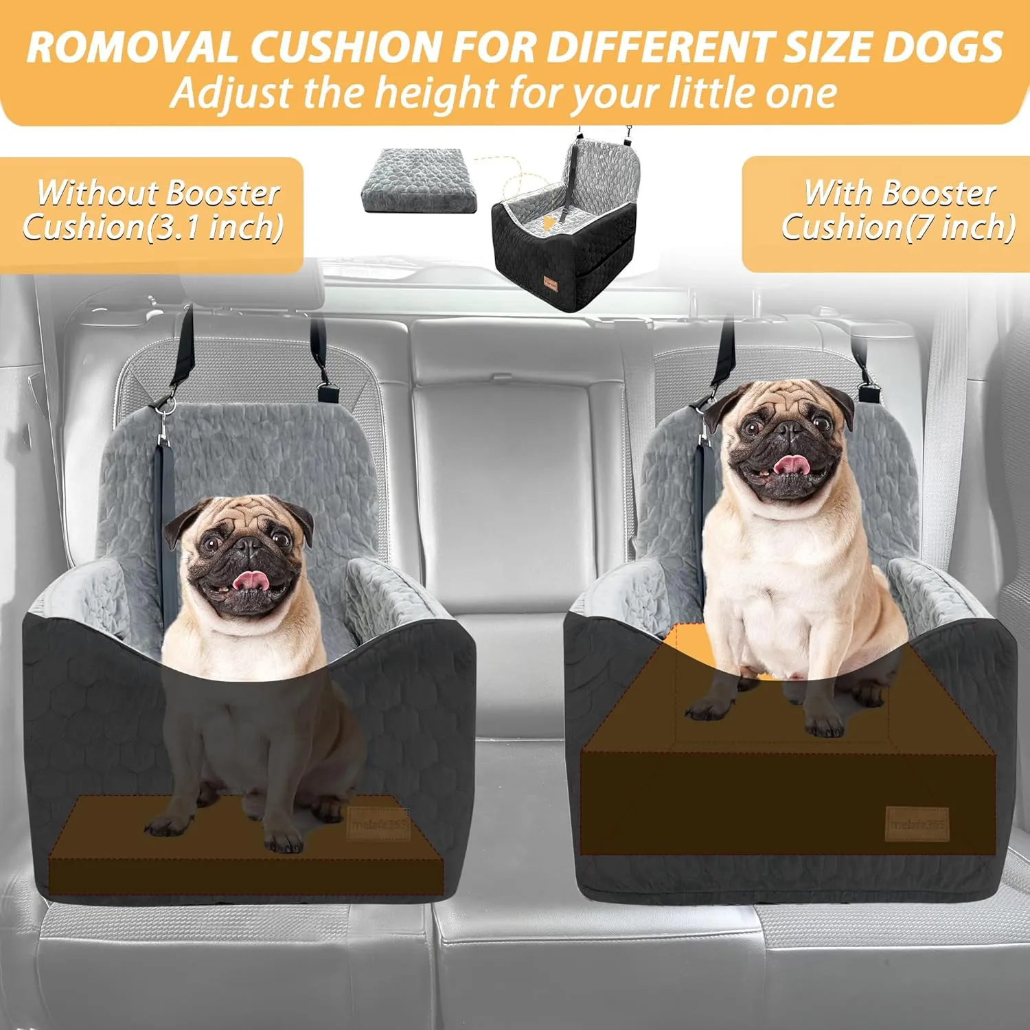 melafa365 Dog Car Seat for Small Medium Dogs, Memory Foam Dog Booster Seat, Elevated Pet Car Seat for Dogs up to 35 lbs, Travel Safety with Storage Pockets (Gray/Black)