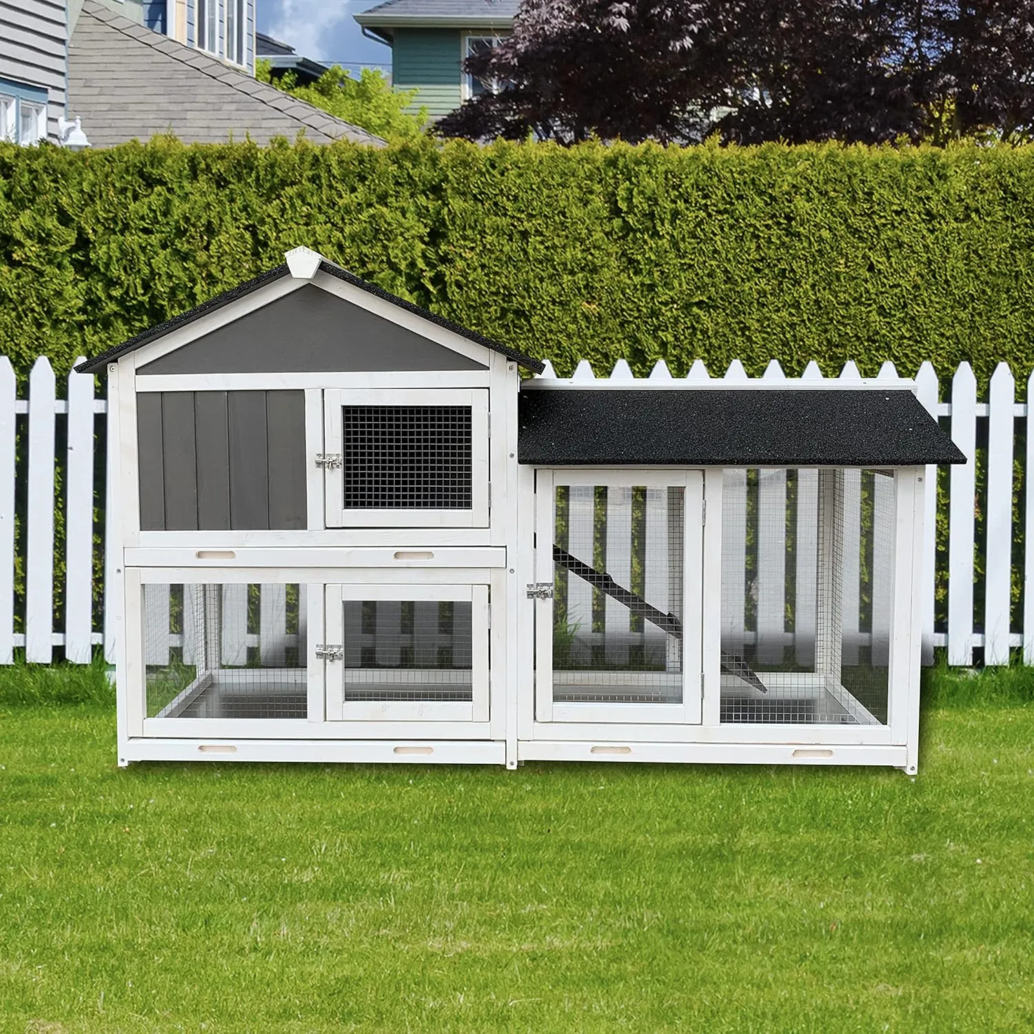 NicBex Rabbit Hutch Wooden Bunny Cage with Doors and Fences Rabbit Cage with Removable Tray and Double Waterproof Roof, Small Animal House for Rabbits, Guinea Pigs, and Hamsters,61.8" W, Gray