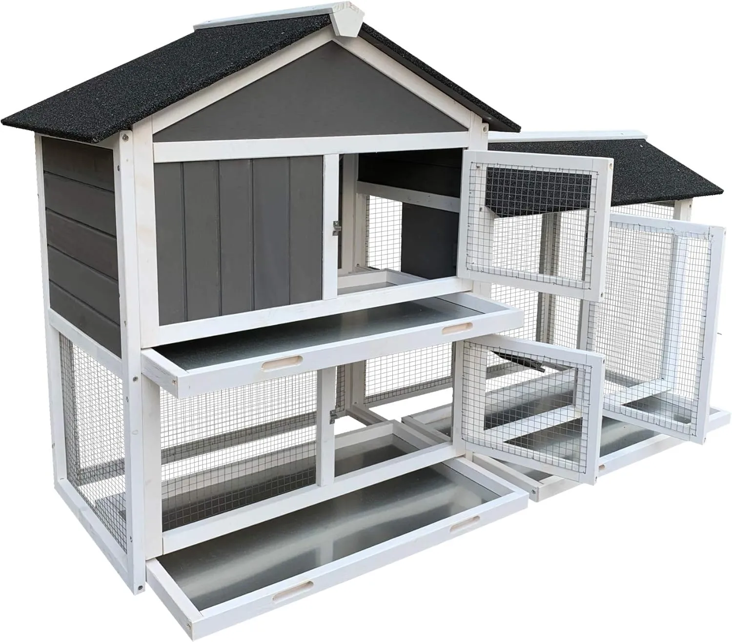 NicBex Rabbit Hutch Wooden Bunny Cage with Doors and Fences Rabbit Cage with Removable Tray and Double Waterproof Roof, Small Animal House for Rabbits, Guinea Pigs, and Hamsters,61.8" W, Gray