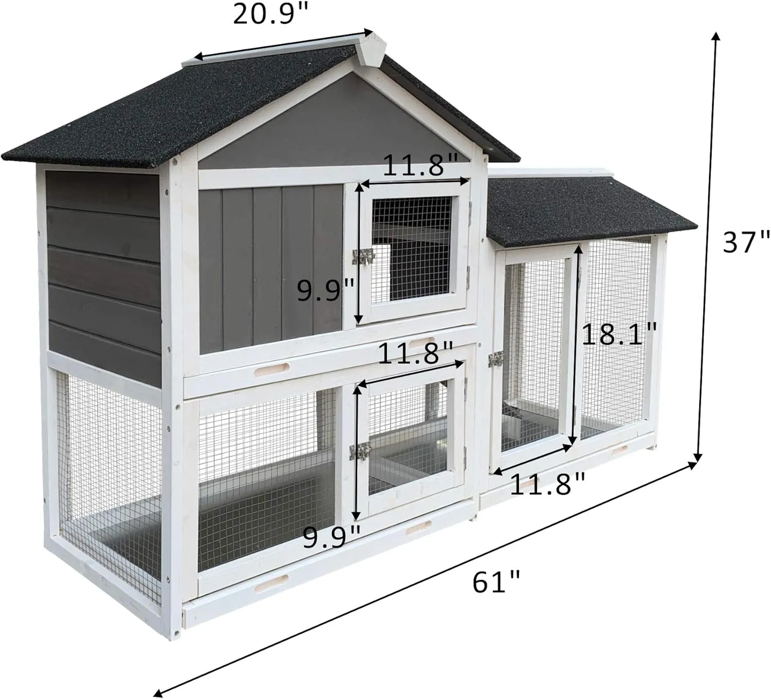 NicBex Rabbit Hutch Wooden Bunny Cage with Doors and Fences Rabbit Cage with Removable Tray and Double Waterproof Roof, Small Animal House for Rabbits, Guinea Pigs, and Hamsters,61.8" W, Gray