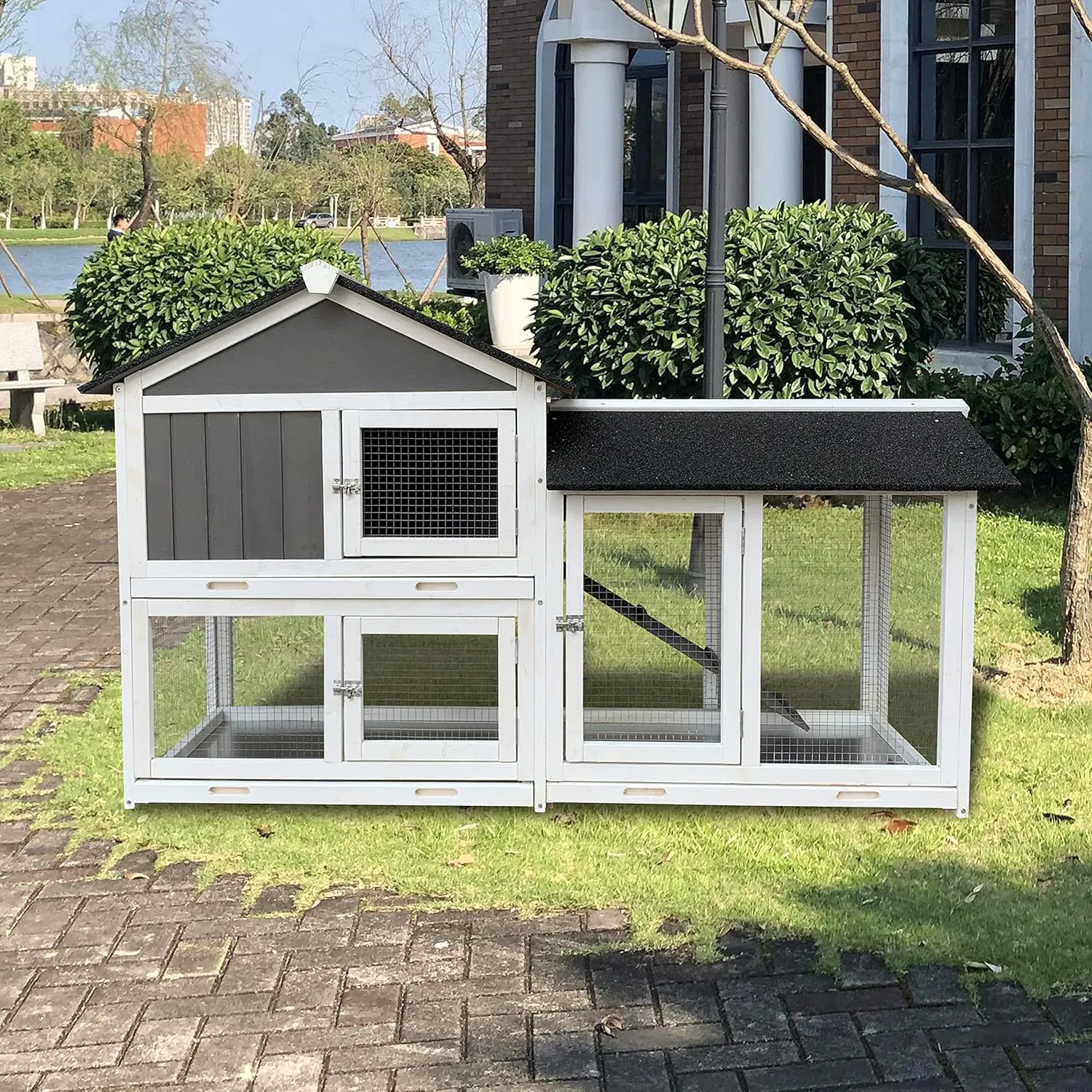 NicBex Rabbit Hutch Wooden Bunny Cage with Doors and Fences Rabbit Cage with Removable Tray and Double Waterproof Roof, Small Animal House for Rabbits, Guinea Pigs, and Hamsters,61.8" W, Gray