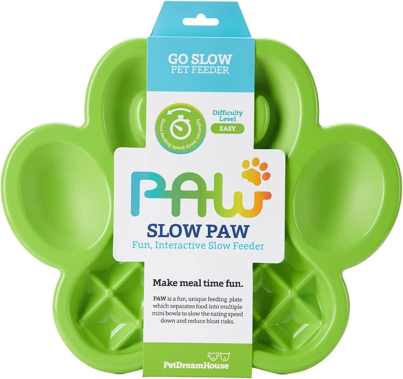 PAW Slow Feeder Dish - Healthy & Fun Eating w/ 5-in-1 Design, Slows Down Eating, for Wet or Dry Foods, Non-Slip Base, BPA-Free - Perfect for Dogs, Puppies & Multi-Pet, Green