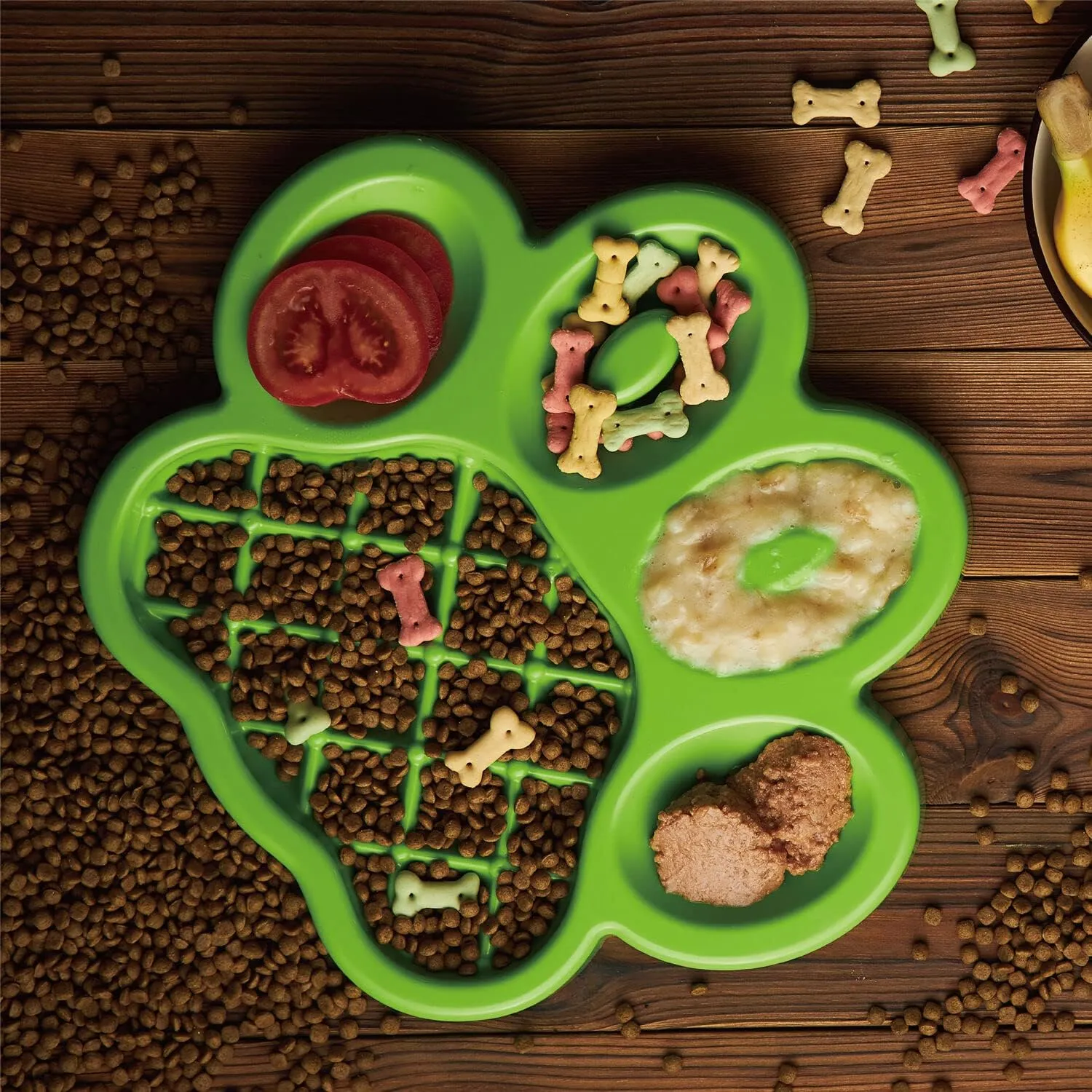 PAW Slow Feeder Dish - Healthy & Fun Eating w/ 5-in-1 Design, Slows Down Eating, for Wet or Dry Foods, Non-Slip Base, BPA-Free - Perfect for Dogs, Puppies & Multi-Pet, Green