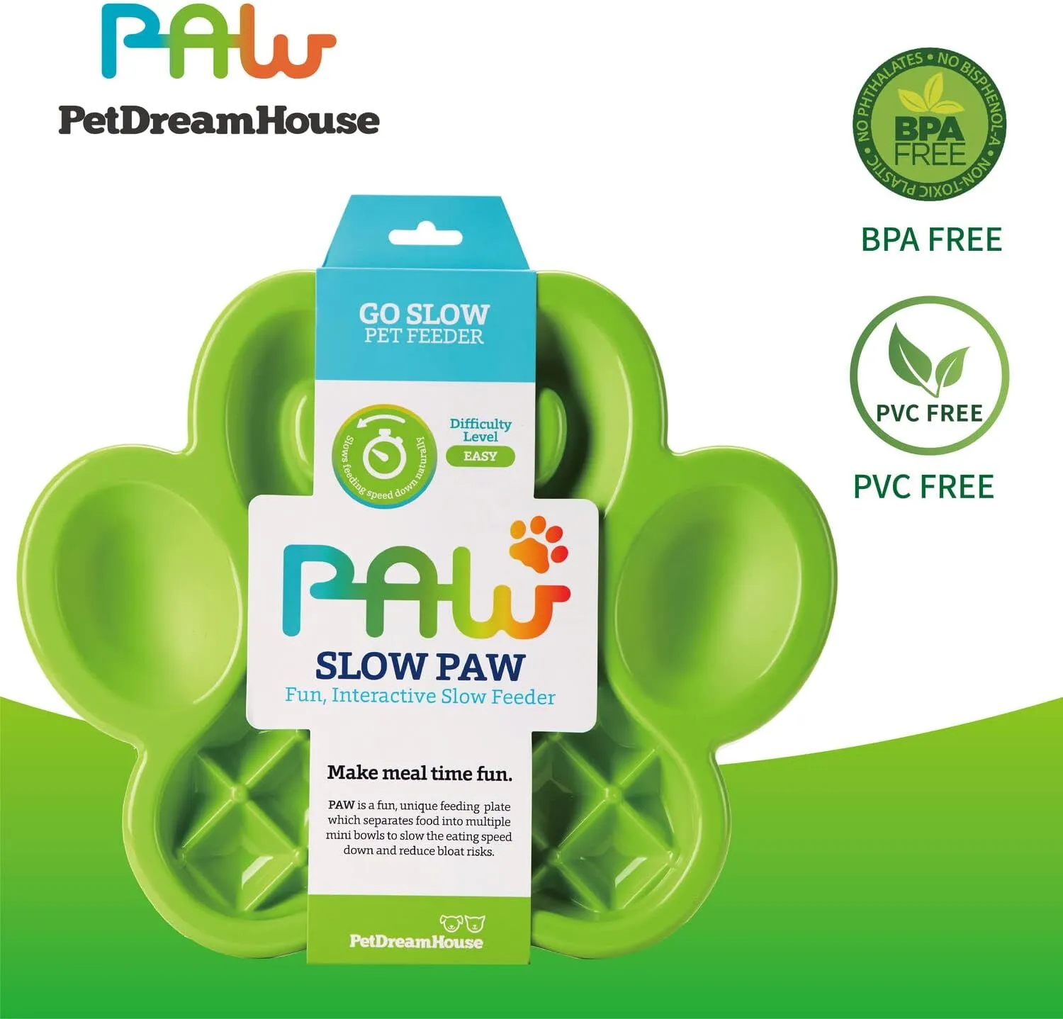 PAW Slow Feeder Dish - Healthy & Fun Eating w/ 5-in-1 Design, Slows Down Eating, for Wet or Dry Foods, Non-Slip Base, BPA-Free - Perfect for Dogs, Puppies & Multi-Pet, Green