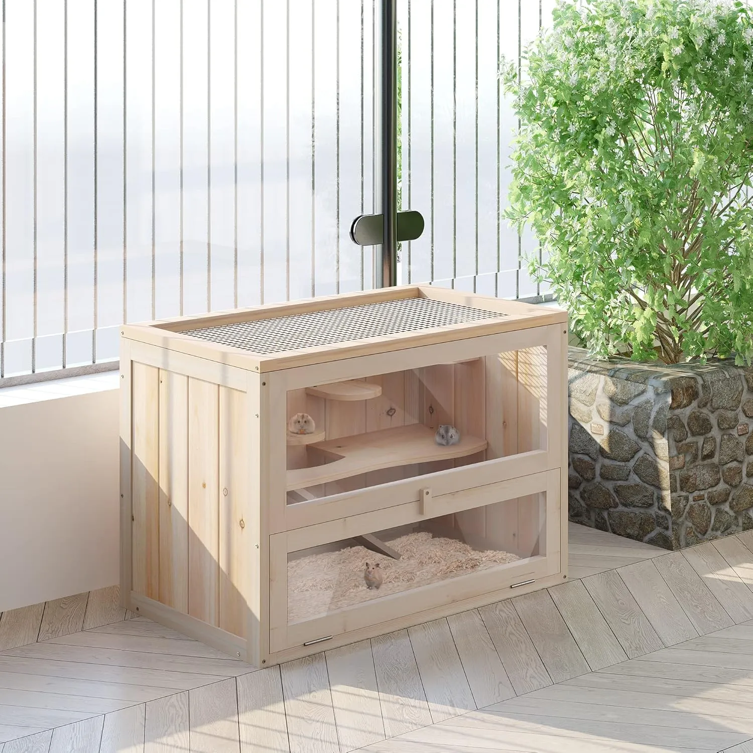 PawHut 2-Level Hamster Cage Mice and Rat House, Small Animal Habitat for Guinea Pigs, Chinchillas with Openable Top, Front Door, Shelf and Ladder, Natural