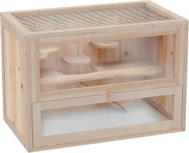 PawHut 2-Level Hamster Cage Mice and Rat House, Small Animal Habitat for Guinea Pigs, Chinchillas with Openable Top, Front Door, Shelf and Ladder, Natural