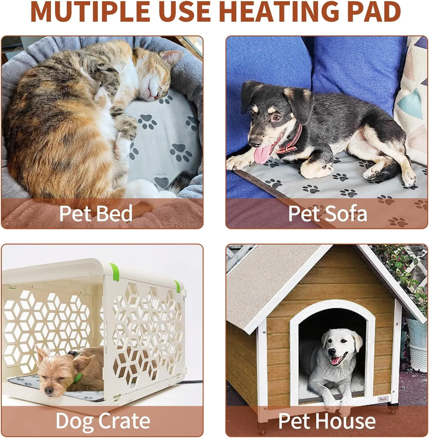 Pet Heating Pad 22x18 in Cat Heating Pads for Cats Waterproof Smart Thermostat Switch, Adjustable Heated Cat Bed, Adding Wire Rope Wires Cat Warming Pad-Paw Print