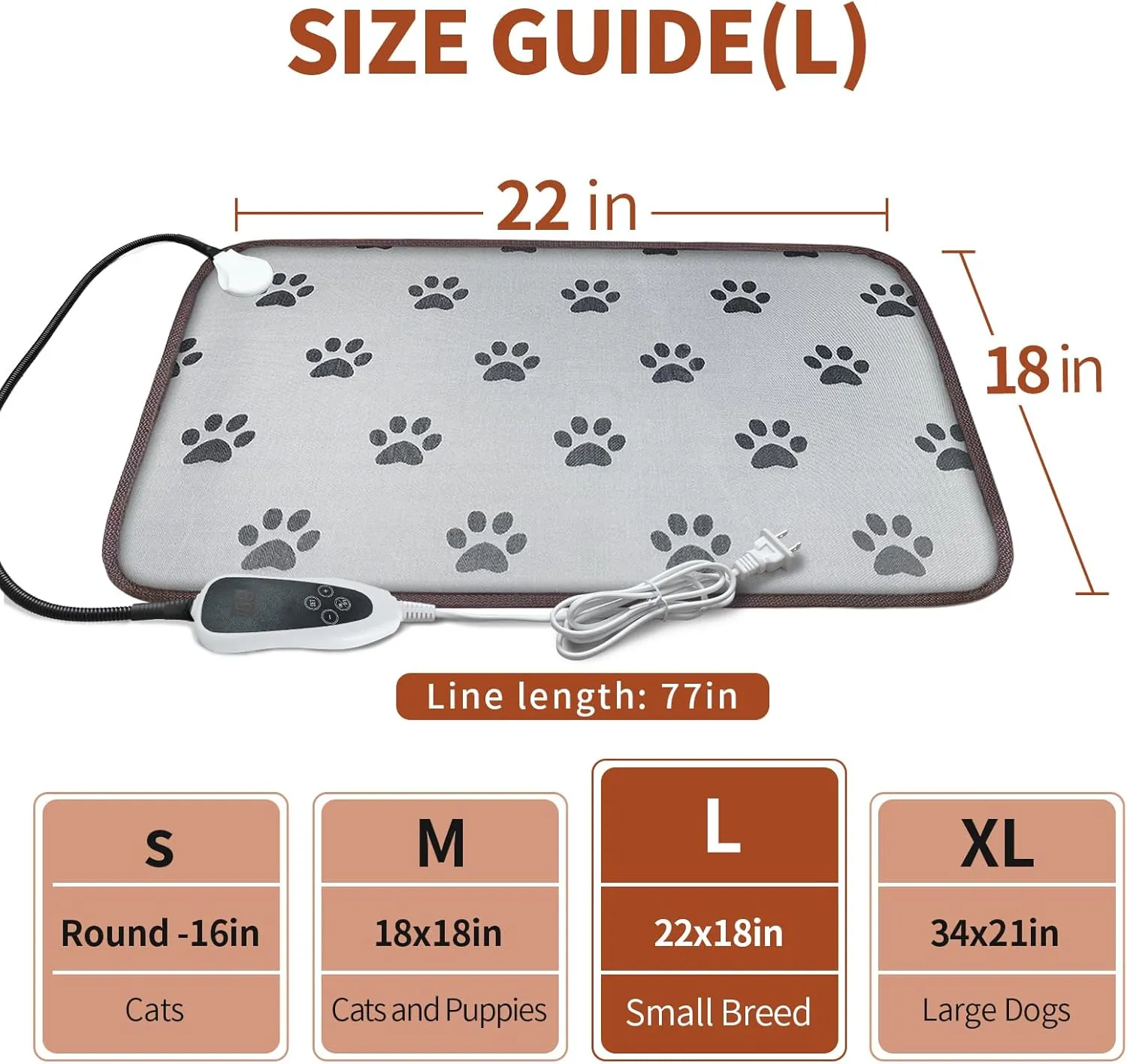Pet Heating Pad 22x18 in Cat Heating Pads for Cats Waterproof Smart Thermostat Switch, Adjustable Heated Cat Bed, Adding Wire Rope Wires Cat Warming Pad-Paw Print