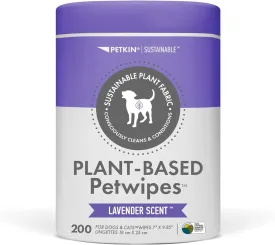 Petkin Plant-Based PetWipes, 200 Wipes - Biobased, Sustainable, Big & Thick Pet Wipes for Dogs & Cats - for Face, Paws, Ears, Body & Eye Area - Consciously Cleans & Conditions - Lavender