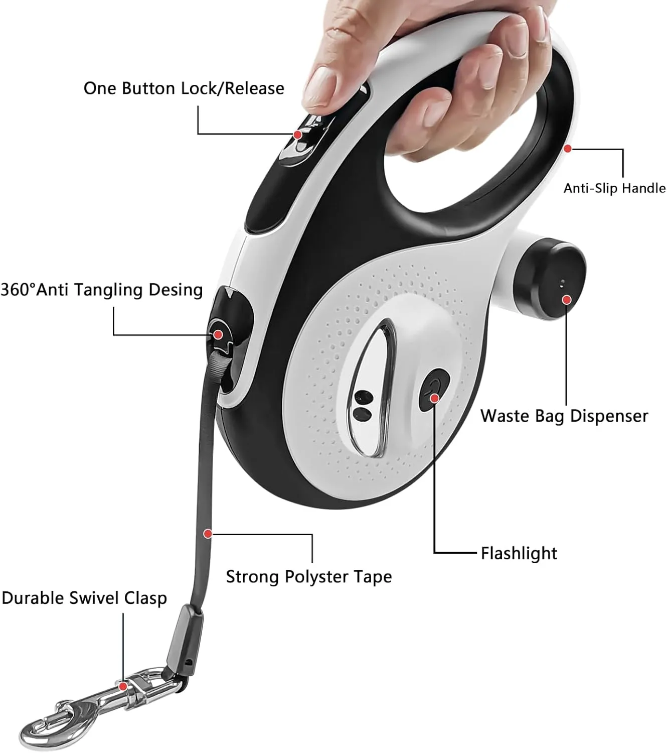 Retractable Dog Leash with Waste Bag Dispenser and Flashlight, 26ft Dog Leash for Small Medium and Large Dogs up to 110lbs, One Button Break & Lock,360Tangle Free, Soft Anti Slip Grip,White