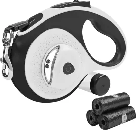 Retractable Dog Leash with Waste Bag Dispenser and Flashlight, 26ft Dog Leash for Small Medium and Large Dogs up to 110lbs, One Button Break & Lock,360Tangle Free, Soft Anti Slip Grip,White