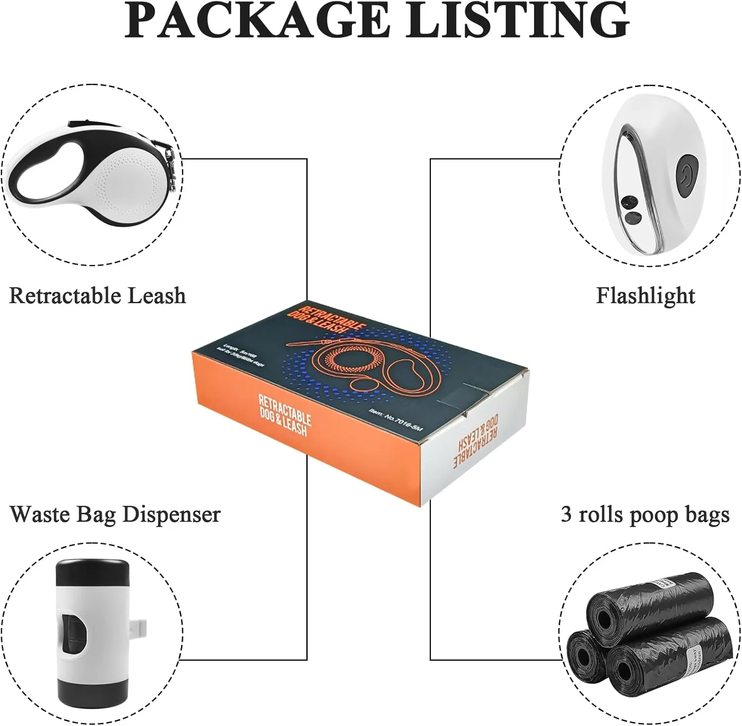 Retractable Dog Leash with Waste Bag Dispenser and Flashlight, 26ft Dog Leash for Small Medium and Large Dogs up to 110lbs, One Button Break & Lock,360Tangle Free, Soft Anti Slip Grip,White