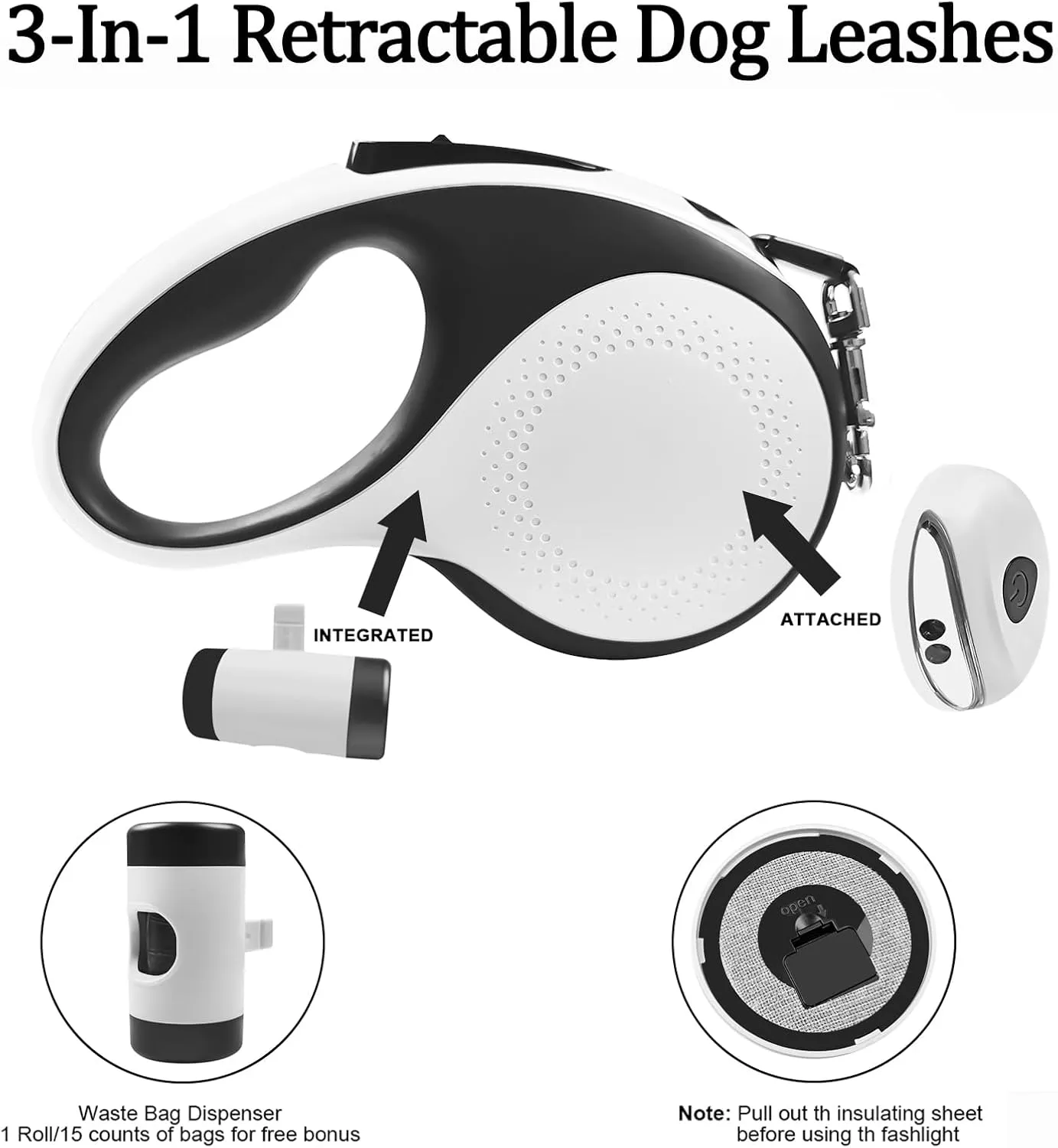 Retractable Dog Leash with Waste Bag Dispenser and Flashlight, 26ft Dog Leash for Small Medium and Large Dogs up to 110lbs, One Button Break & Lock,360Tangle Free, Soft Anti Slip Grip,White
