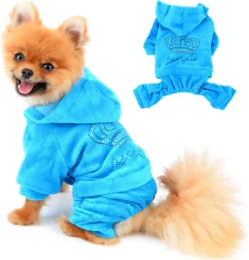 SELMAI Dog Jumpsuit Hoodie Sweatshirt Dog Fleece Sweater Coat Small Pet Clothes Rhinestone Crown Blue M