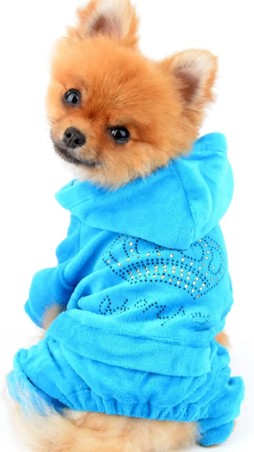 SELMAI Dog Jumpsuit Hoodie Sweatshirt Dog Fleece Sweater Coat Small Pet Clothes Rhinestone Crown Blue M
