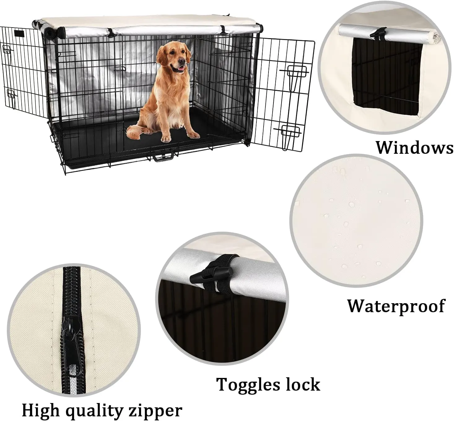 Senmortar Double Door Dog Crate Cover Wire Dog Cage Cover Waterproof Durable Lightweight 420D Polyester for Pet Crates Beige 42 inches