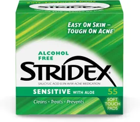 Stridex Medicated Acne Pads, Sensitive, 55 Count  Facial Cleansing Wipes, Alcohol Free Face Treatment, For Mild to Moderate, Smooth Application