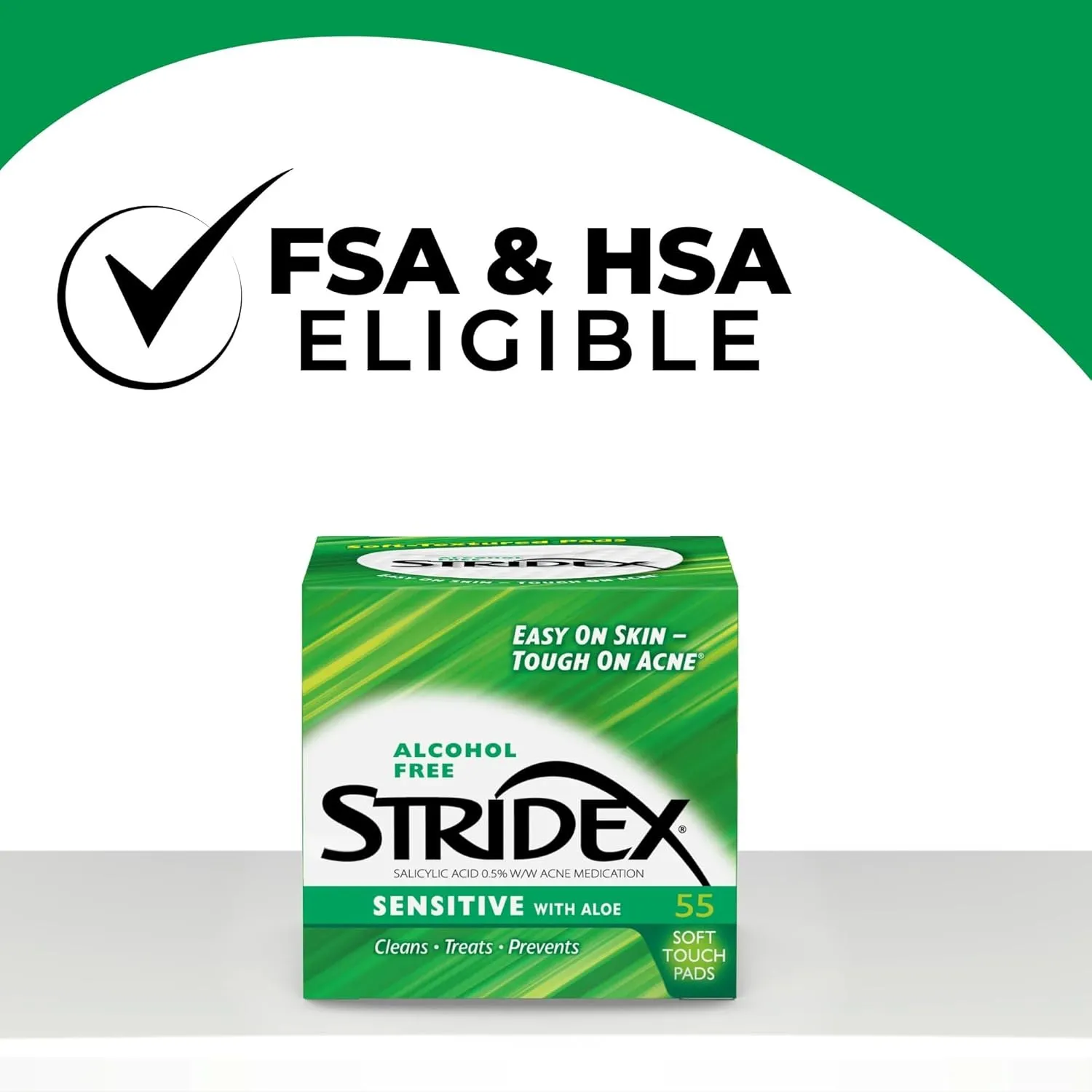 Stridex Medicated Acne Pads, Sensitive, 55 Count  Facial Cleansing Wipes, Alcohol Free Face Treatment, For Mild to Moderate, Smooth Application