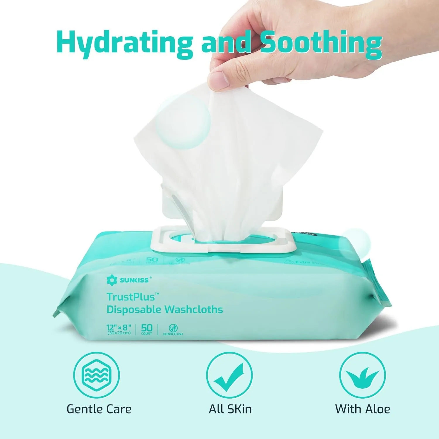 SUNKISS Trustplus Wet Wipes for Adult No Rinse, Extra Large 8x12 Body Cleaning Washcloths for Elderly Incontinence & Cleansing, Unscented, 50 Count
