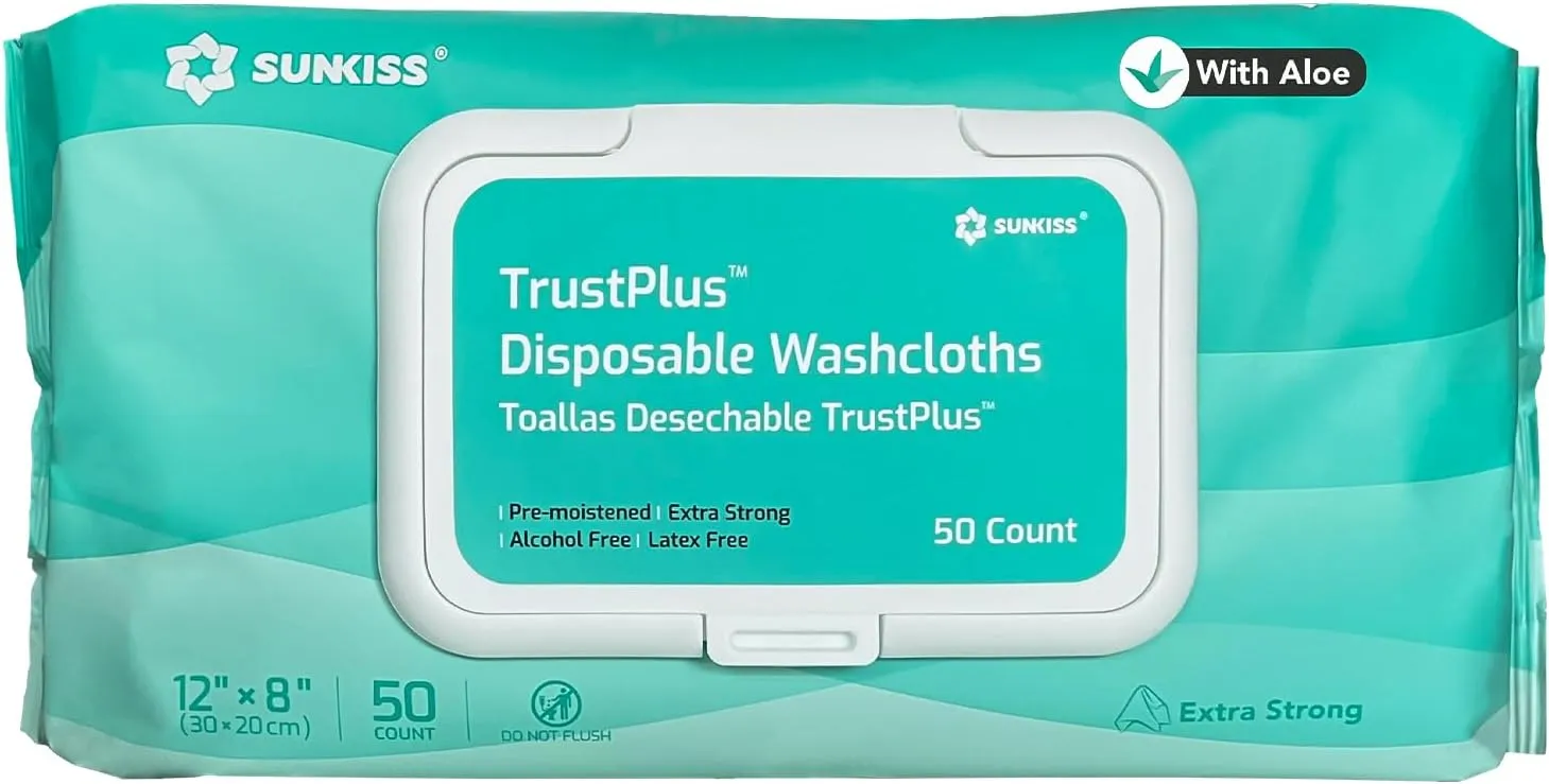 SUNKISS Trustplus Wet Wipes for Adult No Rinse, Extra Large 8x12 Body Cleaning Washcloths for Elderly Incontinence & Cleansing, Unscented, 50 Count