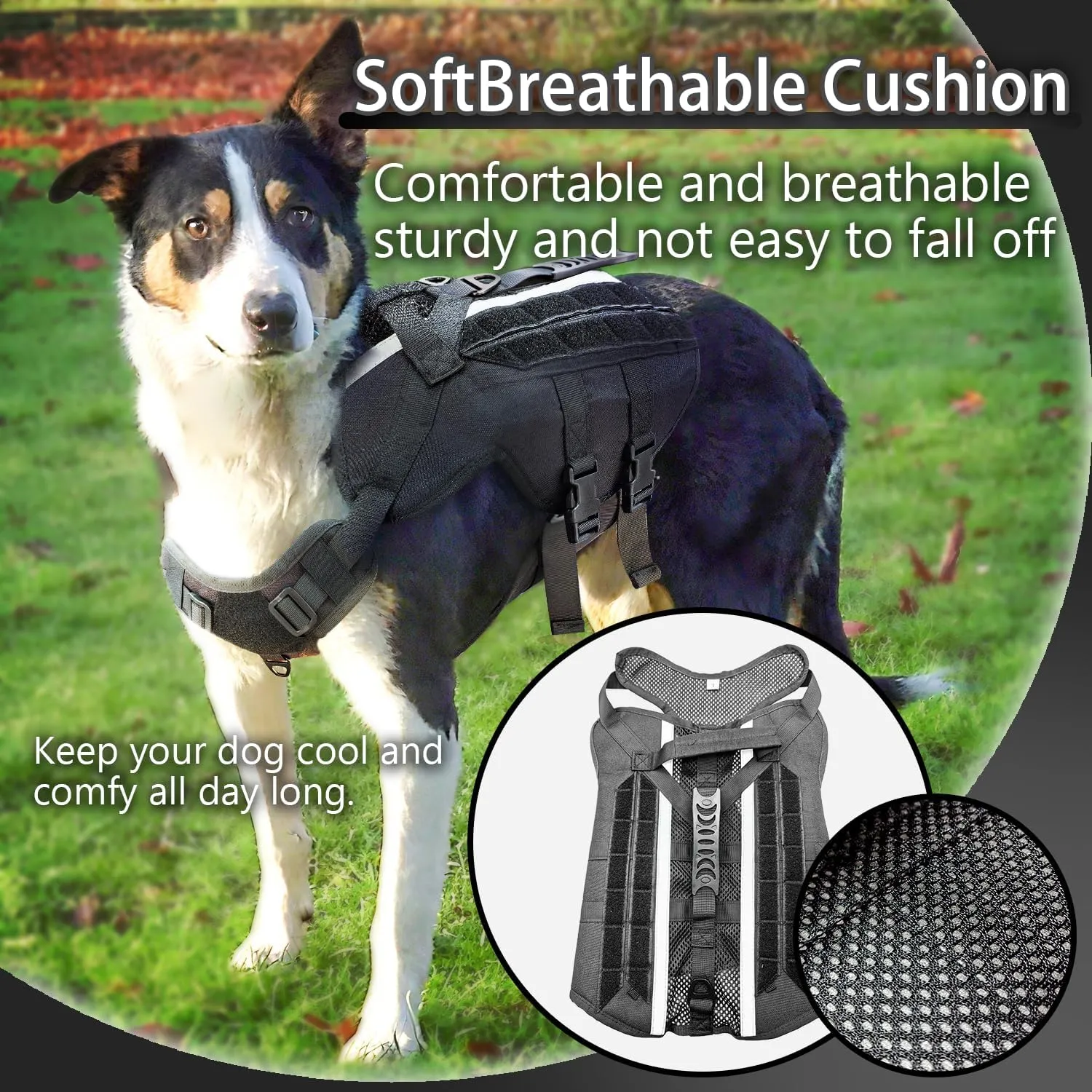 Tactical Dog Harness for Large Dogs, Tactical Dog Collar, Heavy Duty No Pull Reflective K9 Pet Harness With Handle, Adjustable Military Service Pet Vest For Training Walking and Hunting (Black, Large)