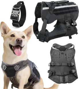 Tactical Dog Harness for Large Dogs, Tactical Dog Collar, Heavy Duty No Pull Reflective K9 Pet Harness With Handle, Adjustable Military Service Pet Vest For Training Walking and Hunting (Black, Large)