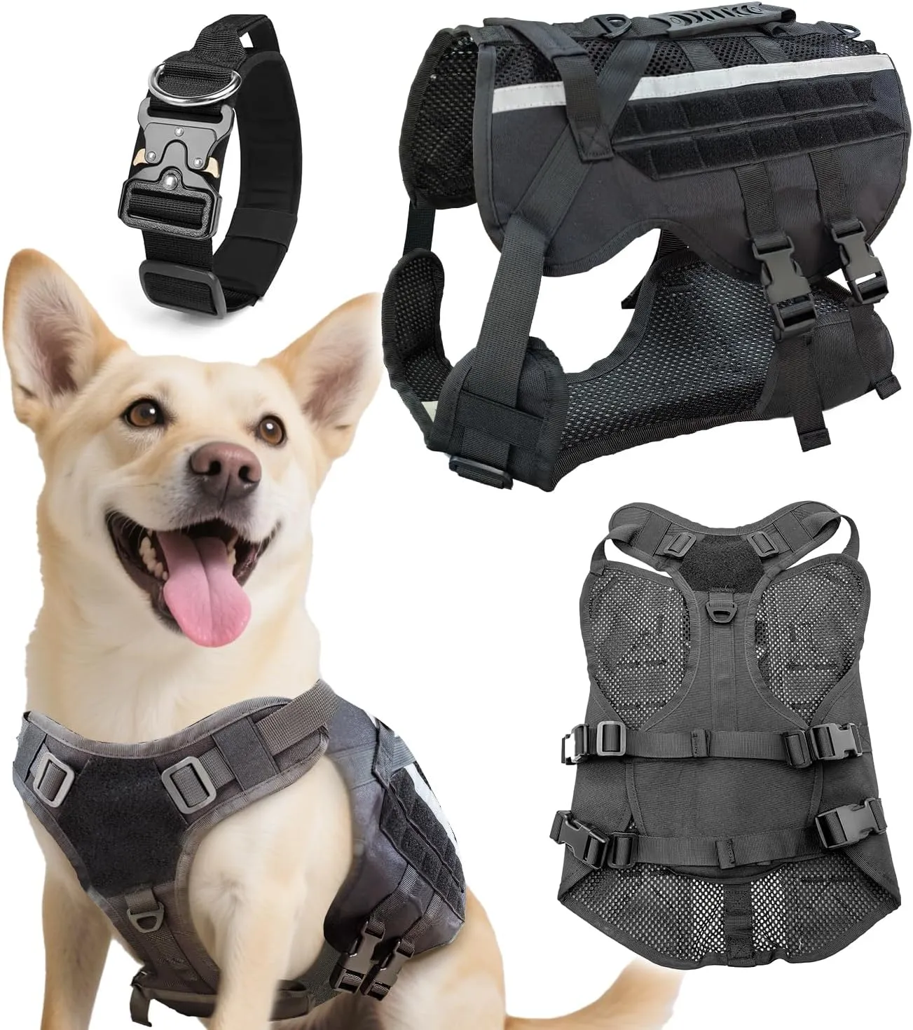 Tactical Dog Harness for Large Dogs, Tactical Dog Collar, Heavy Duty No Pull Reflective K9 Pet Harness With Handle, Adjustable Military Service Pet Vest For Training Walking and Hunting (Black, Large)