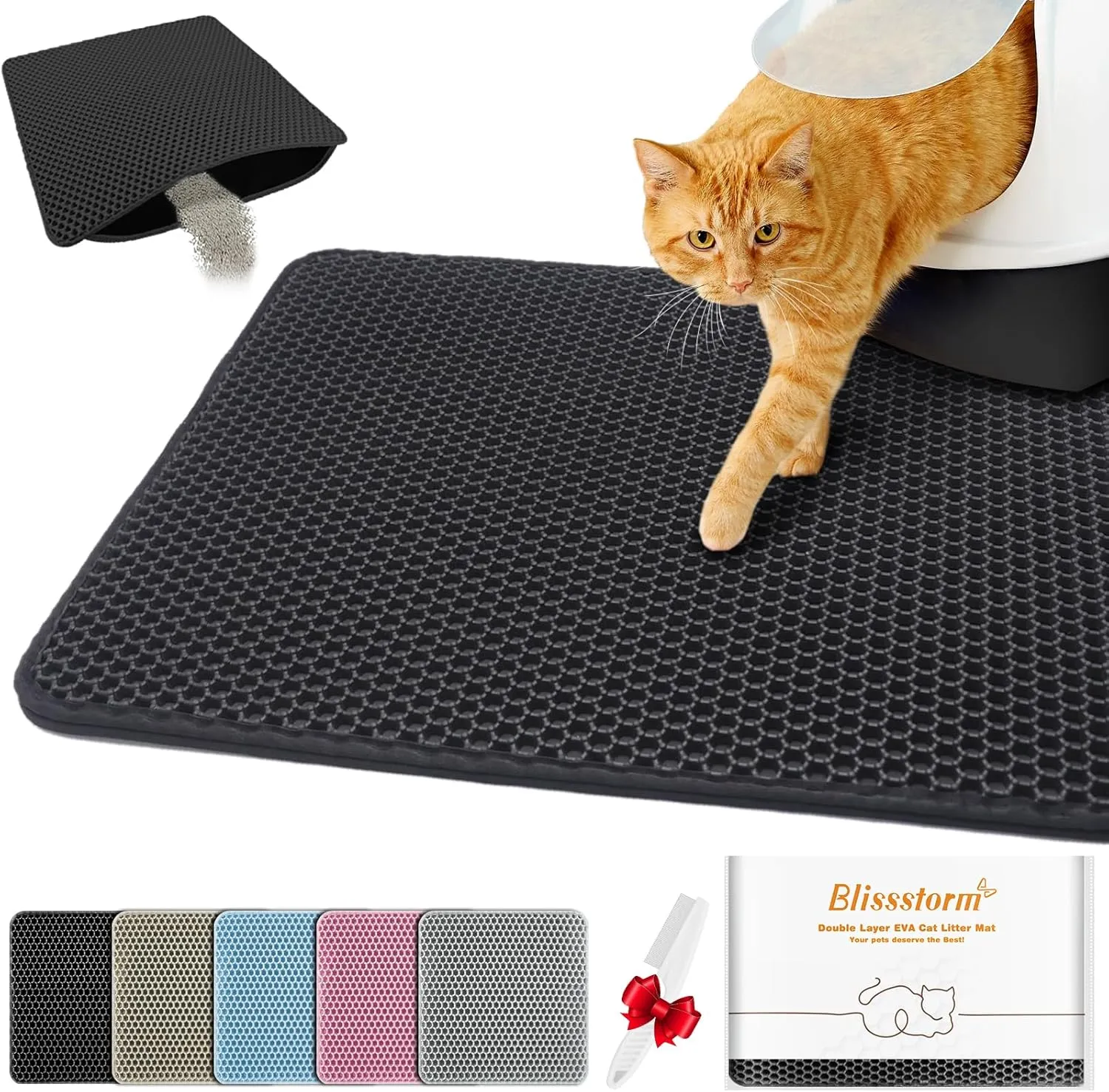 Waterproof Cat Litter Mat, Double Layer EVA, Odor-Free Large Grid, Urine Proof, Easy Cleanup (Black, 12 x 12)