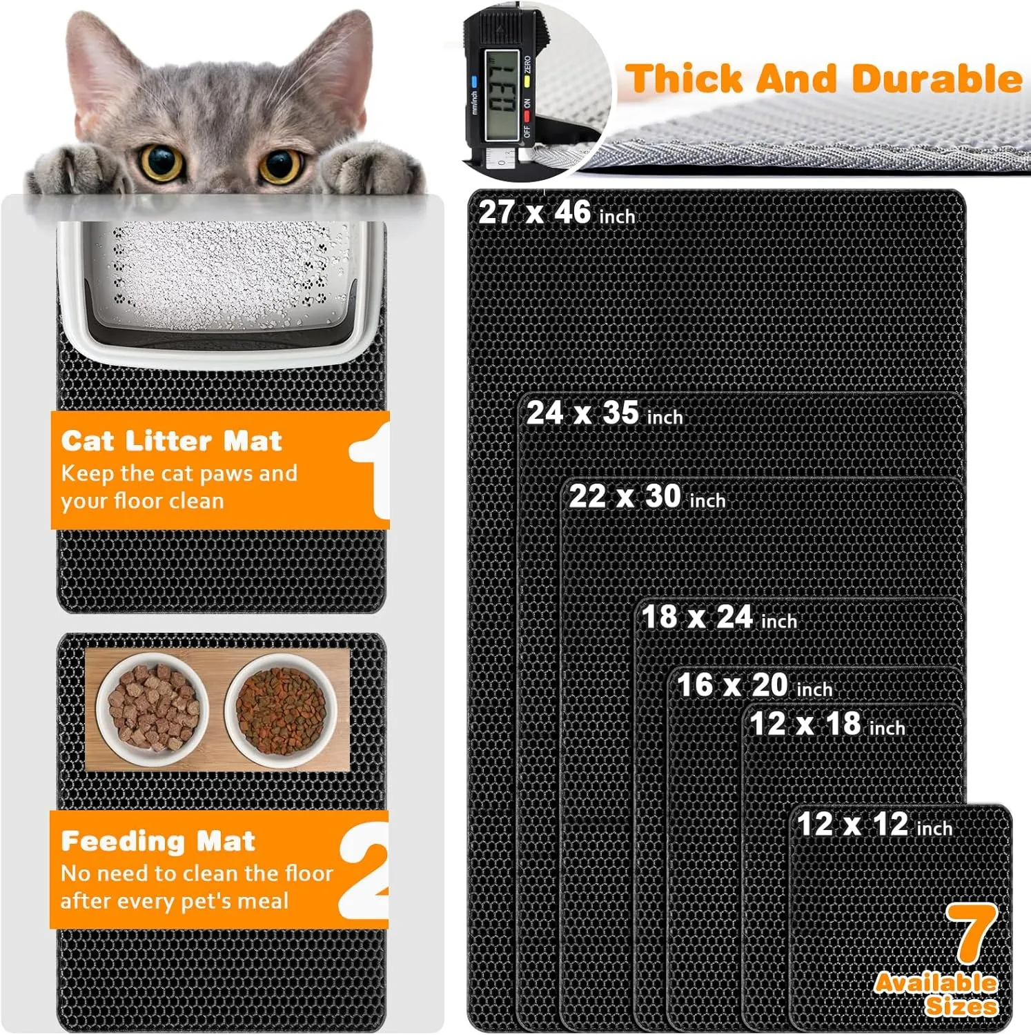 Waterproof Cat Litter Mat, Double Layer EVA, Odor-Free Large Grid, Urine Proof, Easy Cleanup (Black, 12 x 12)