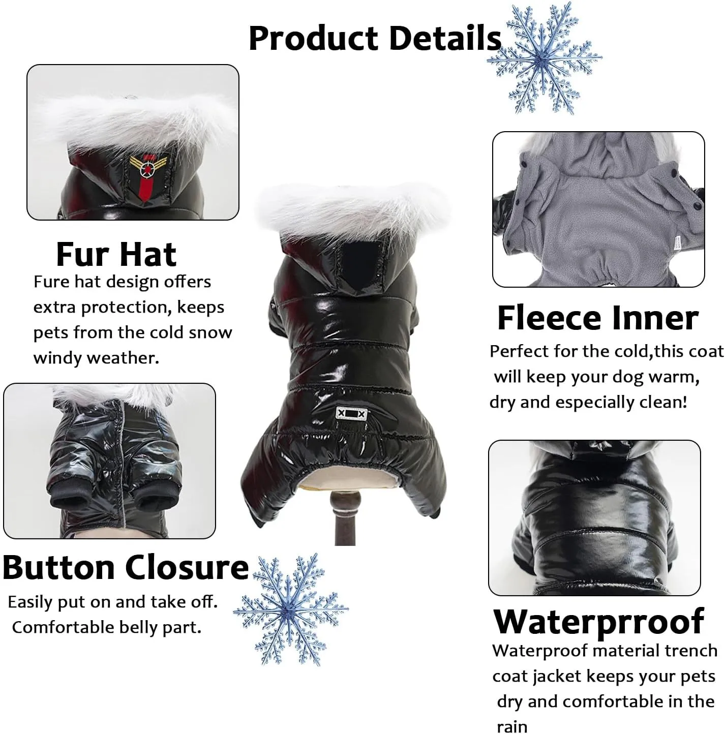 Waterproof Pet Clothes for Winter Warm Dog Jacket Coat Hooded Jumpsuit Snowsuit (L, Black)