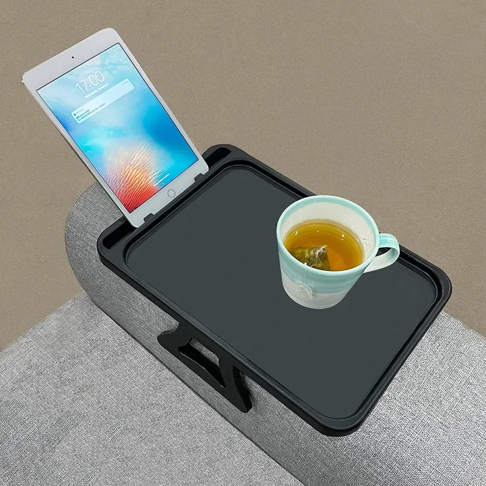 Xchouxer Sofa Armrest Clip Table, TV Snack Tray, Handy Remote Controls/Drinks/Phone Holder (Black)