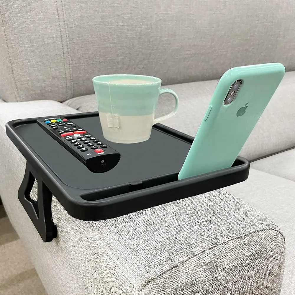 Xchouxer Sofa Armrest Clip Table, TV Snack Tray, Handy Remote Controls/Drinks/Phone Holder (Black)
